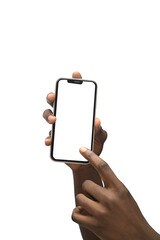 African American Hand using a  smartphone iphone 14 with blank screen and modern frameless design  - isolated on Transparent background - Clipping Path PNG Mockup, touching the screen of his phone