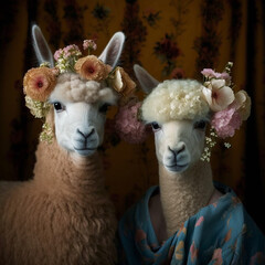 Poster - Close-up of two alpacas wearing flowers