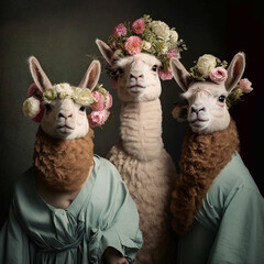 Wall Mural - Close-up of three alpacas wearing flowers