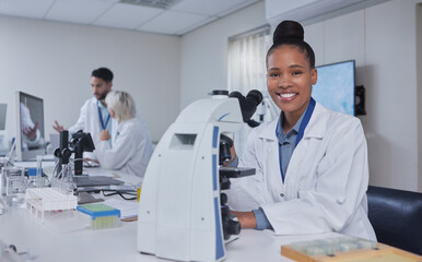 Leinwandbilder - Black woman, microscope and portrait of scientist in laboratory for research, experiment or innovation. Science, technology and happy female medical doctor with equipment for sample analysis or test