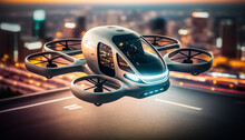 Passenger Autonomous Aerial Vehicle AAV. Future Of Urban Air Mobility. Urban Air Mobility. Public Aerial Transportation. Autonomous Driverless Aerial Vehicle Fly Through Night City. Generative AI