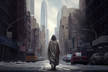 illustration of jesus walk in modern city among the crowd and buildings ai.