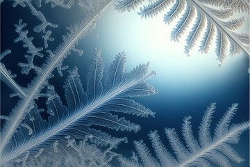 Poster - Frozen pattern on the window. Frosted glass in amazing elements. Winter crystal background texture. 3D render. AI generated.