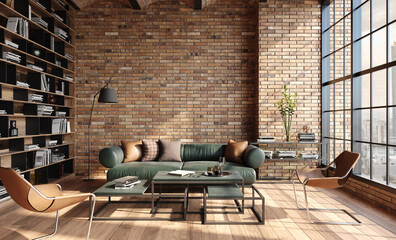 living room loft in industrial style ,3d render