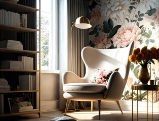 a chic interior with a nice, light filled room to read books. armchair. wallpaper with a floral moti
