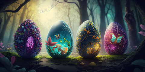 Poster - Colorful easter eggs banner, Generative AI