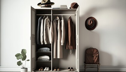 Wall Mural - Wardrobe rack with stylish clothes near white wall indoors. Generative ai