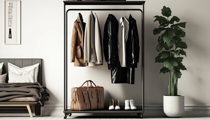 Wall Mural - Wardrobe rack with stylish clothes near white wall indoors. Generative ai