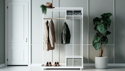 Wall Mural - Wardrobe rack with stylish clothes near white wall indoors. Generative ai