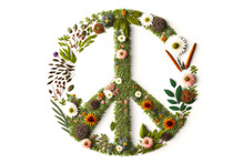 A Peace Sign Made Out Of Flowers On White Background, Generative AI