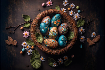 colorful easter nest with easter eggs, generative ai