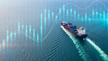 Container Cargo Ship Global Business Logistics Import Export Freight Shipping Transportation, Container Cargo Ship Analysis, Big Data Visualization Abstract Graph And Chart Information Business.