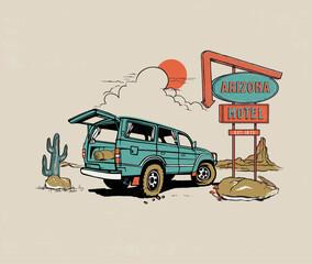 Wall Mural - desert car ride vector illustration, cactus desert landscape vector, arizona desert motel drawing, suv car in desert