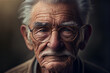 Close up photo of an old man with glasses and wrinkles looking straight into the camera, illustration Generative Ai
