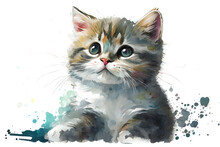Cute Cat, Shorthair Cat, Watercolor Illustration, Generative AI