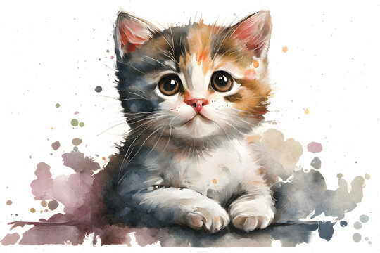 cute cat, shorthair cat, watercolor illustration, generative ai
