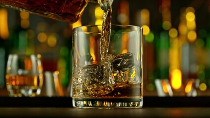 Poster - Super slow motion of falling ice cube into whiskey drink, camera motion. Filmed on high speed cinema camera, 1000 fps.