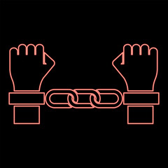 Wall Mural - Neon hands in handcuffs Criminal concept Arrested punishment Bondage convict red color vector illustration image flat style