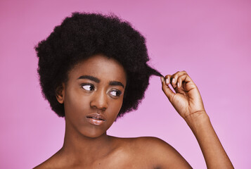 Sticker - Natural, hair and black woman with afro in studio for beauty, wellness and grooming on purple background. Haircare, hairstyle and face of girl model relax in luxury, hygiene or routine isolated