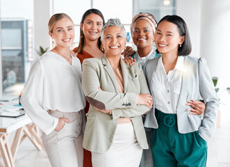 Leinwandbilder - Portrait, diversity and business women support, teamwork and group empowerment for office leadership. Career hug and solidarity of asian, black woman and senior people or employees at global company