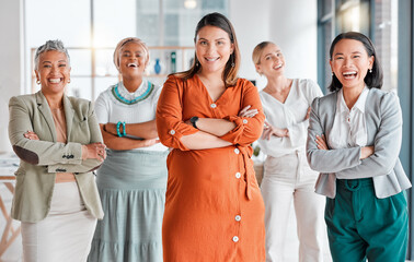 Sticker - Portrait, diversity and professional women together for happy teamwork, global career and office group empowerment. Proud asian, black woman and senior business people or employees in company success