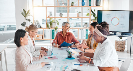 Aufkleber - Laughing, teamwork or consulting business people with documents in meeting for company growth, strategy review or teamwork. Group of startup women for SEO, schedule or planning calendar research