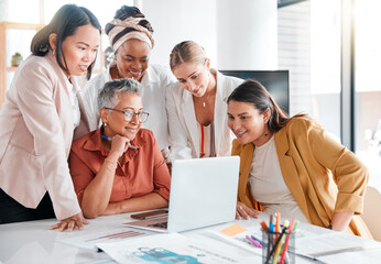 Thinking, teamwork or business people with laptop in meeting for company growth, strategy review or collaboration in office. Group of startup women for SEO, schedule or planning calendar research