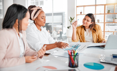 Poster - Reading charts, teamwork or business people in meeting for company growth, strategy review or innovation thinking in office. Group of startup women for SEO, schedule or planning calendar research