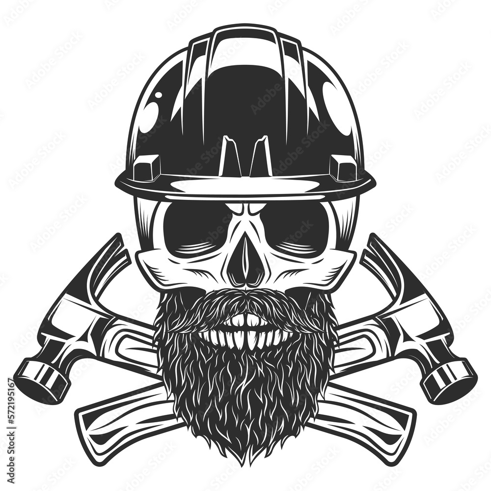 Skull with mustache and beard and helmet hard hat builder crossed ...