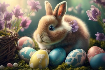 Cute bunny with colorful easter eggs. Happy Easter Day. Generative AI