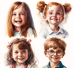 Wall Mural - Collage of watercolor portraits of cute little children. White background.