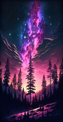 Wall Mural - Fantasy night landscape with pine trees and glowing milky way. Vertical illustration.