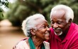 Elderly happy, smiling couple pose together for a photo. Africans, blacks. Generative AI	