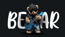 Cute Teddy Bear In Sunglasses Plays The Guitar. Funny Charming Illustration Of A Teddy Bear On A Black Background. Print For Your Clothes Or Postcards. Vector Illustration