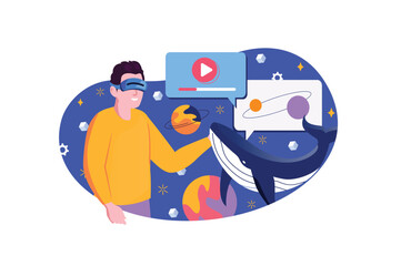 Aufkleber - Metaverse blue concept with people scene in the flat cartoon design. Man communicates with various virtual entities in the metaverse. Vector illustration.