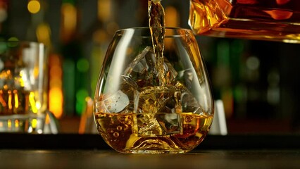 Poster - Super slow motion of falling ice cube into whiskey drink, camera motion. Filmed on high speed cinema camera, 1000 fps. Speed ramp effect.