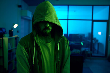 Leinwandbilder - Man, hacking or dark hoodie in neon living room with cybersecurity, software programming or phishing mystery. Hacker, hood or night clothes with secret virus ideas of fraud scam, crime or theft