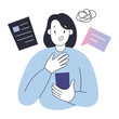 Female person reading bad news in social media feed, shocked and anxious face expression, putting her hand on her chest, concerned, doomscrolling concept, cartoon character, vector illustration