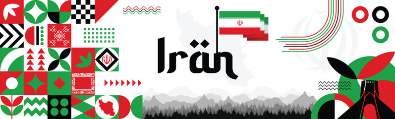 Wall Mural - Iran independence, Iranian Revolution, Banner with map, flag colors theme background and geometric abstract retro modern green, white and red design. illustration banner design template.