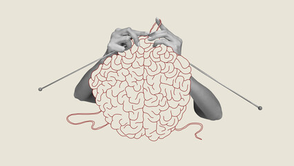 contemporary art collage. human hands knitting brain. growing psychological and emotional stability.