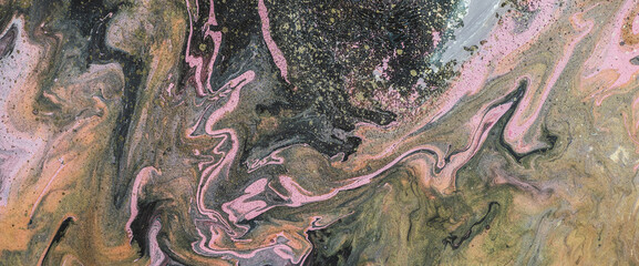 Wall Mural - Fantasy fluid art background with dark green, orange and pink tints. Dirty marble effect of acrylic paints. Chaotic liquid ink of oxide tones. Toxic surrealistic abstract texture with mix swamp colors