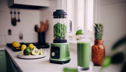 A fresh green smoothie in a bright kitchen