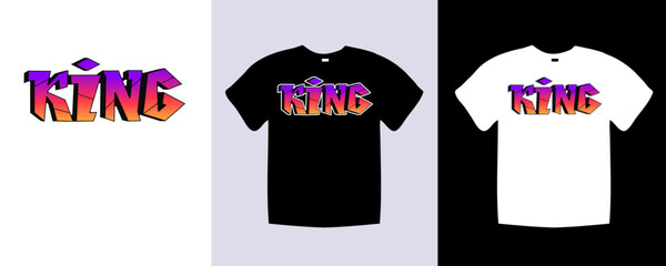 King typography t shirt lettering quotes design. Template vector art illustration with vintage style. Trendy apparel fashionable with text King graphic on black and white shirt