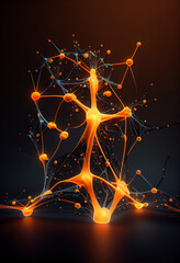 Fototapete - Connecting nerve cells that emit a orange light. The notion of an artificial neuron in artificial intelligence. 