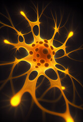 Fototapete - Connecting nerve cells that emit a orange light. The notion of an artificial neuron in artificial intelligence. 