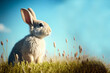 Cute Bunny rabbit sitting in a dreamy field at Easter during the spring season, Generative AI stock illustration image