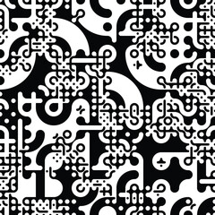 Seamless pattern of Truchet tiling. Repeating geometric black and white shapes. Creative coding computational design.