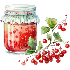 Aufkleber - Watercolor illustration of jelly jar and red currant berries. Hand-drawn illustration isolated on white background in boho style.