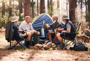 Poster - Man, friends and camping in nature with coffee for travel, adventure or summer vacation together on chairs by tent in forest. Group of men relaxing, talking or enjoying natural camp by trees outdoors