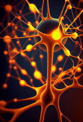Fototapete - Connecting nerve cells that emit a orange light. The notion of an artificial neuron in artificial intelligence. 